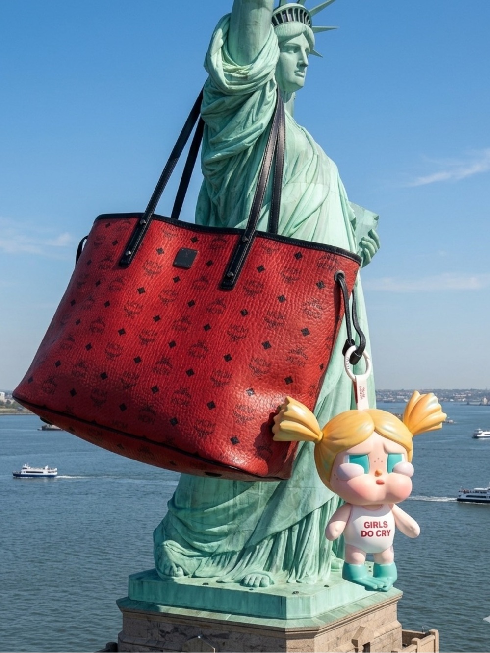 MCM Red Logo-Print Pebbled Leather Shoulder Bag